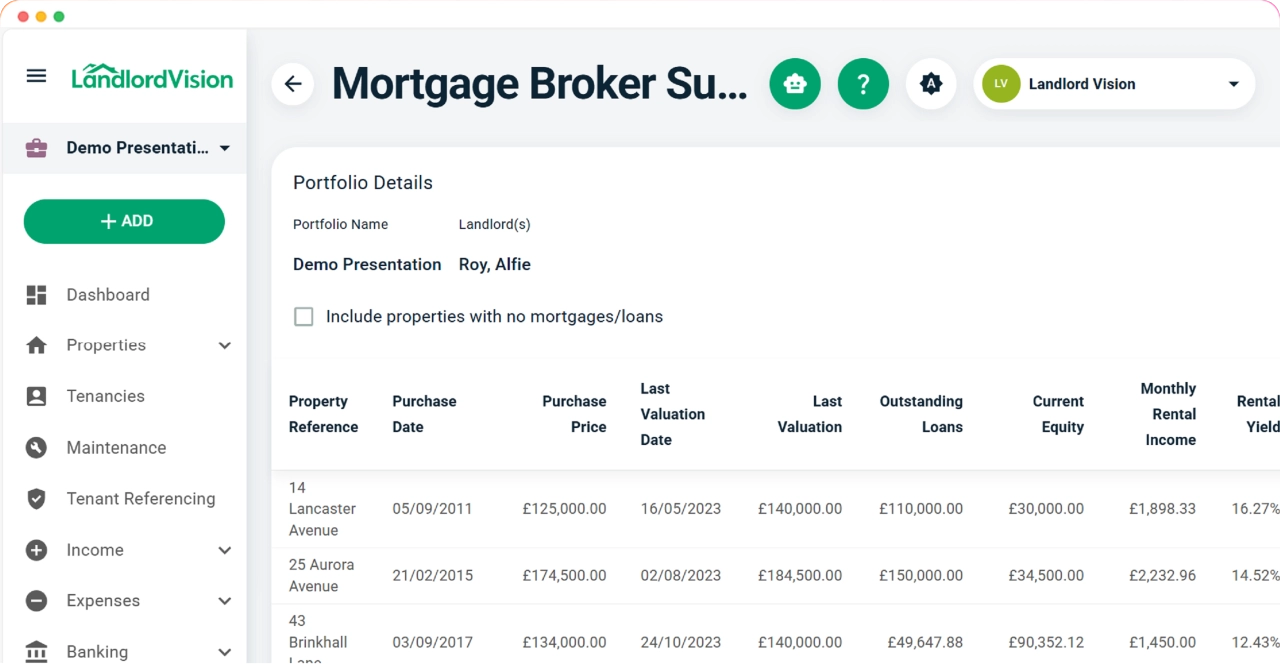 Landlord Vision screen displaying a bills summary page. Another page showing where you can save files in the software.