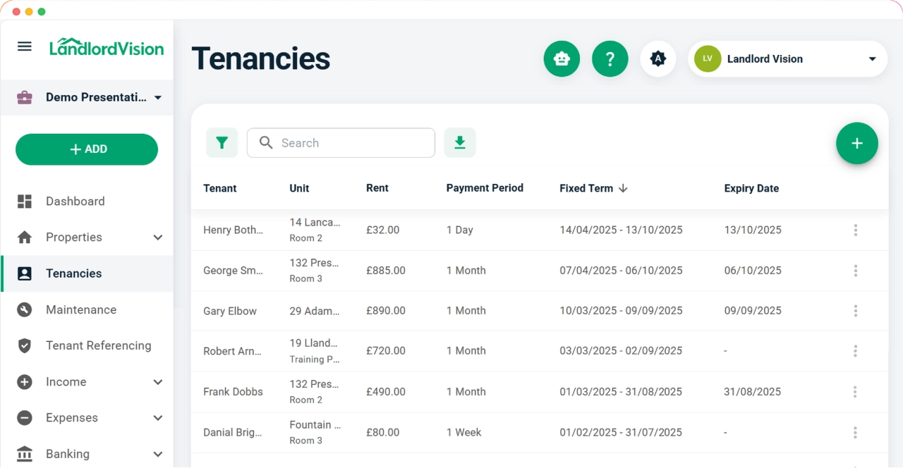 Screenshot of Landlord Vision landlord software. Showing profit and loss statement page and a summary of tenancies by room.