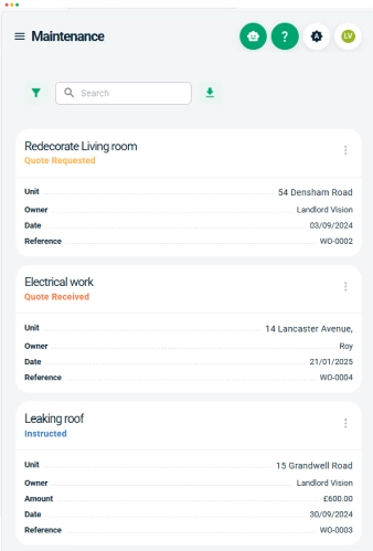 Screenshot of Landlord Vision landlord software. Showing profit and loss statement page and a summary of tenancies by room.