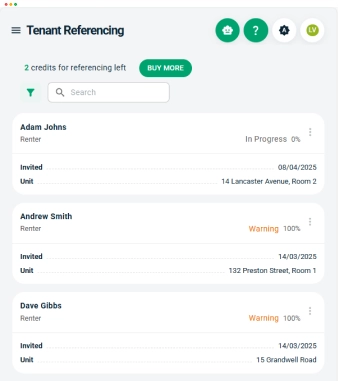 Landlord Vision screenshots showing the safety certificate page and summarising the tenancies and rooms for a property.